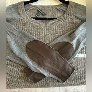 EILEEN FISHER Gray Knit Crewneck Sweater with Brown Leather Elbow Patches